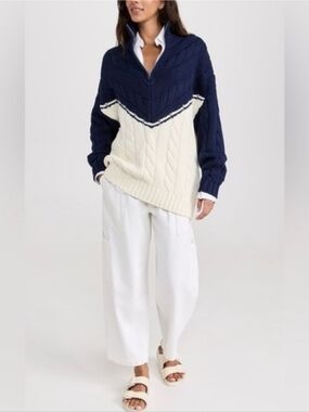 NEW Staud Navy & Cream Half-Zip Cable Knit Sweater XS